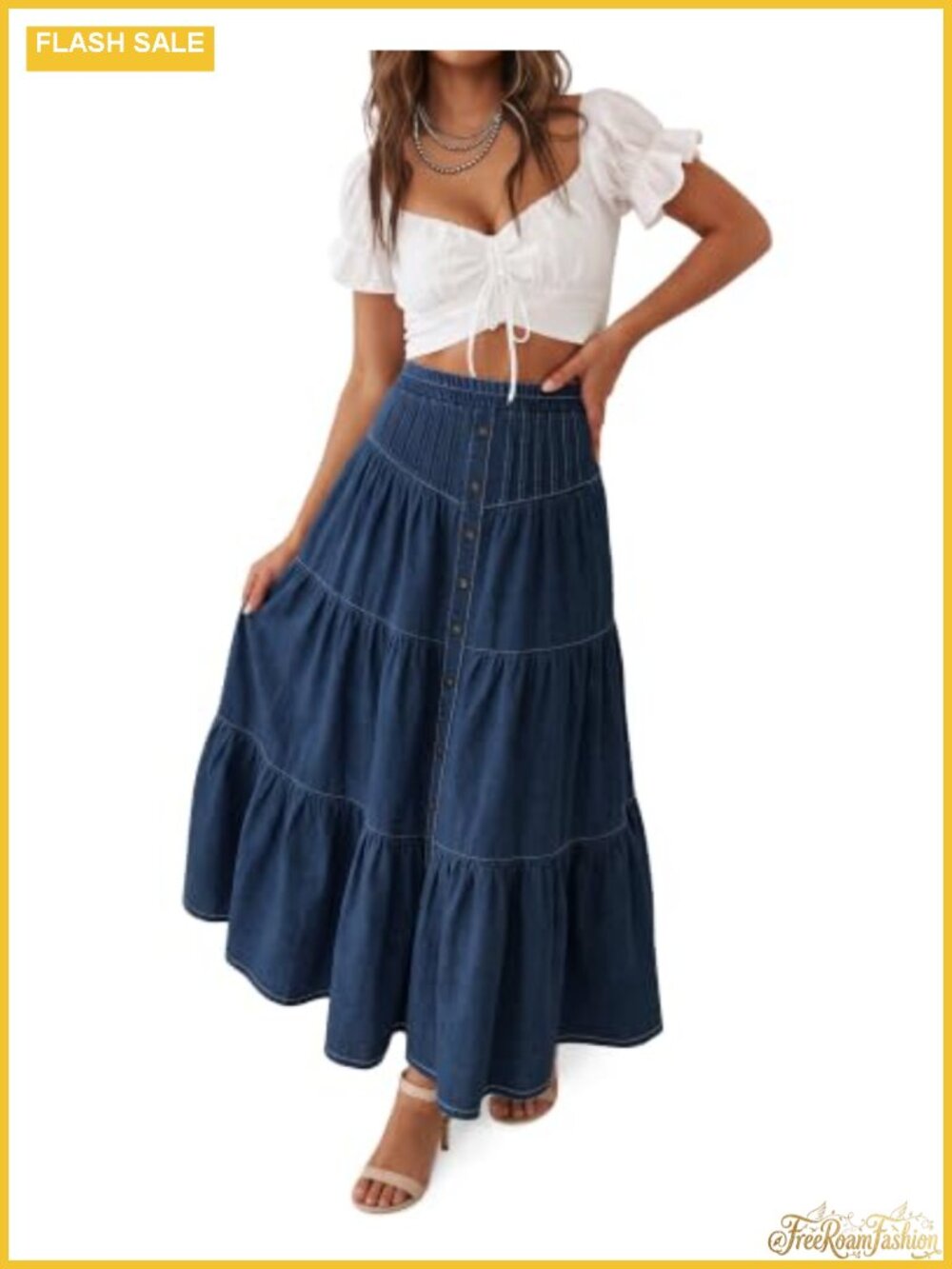 Tiered Maxi Denim Skirt Elastic High Waisted A-Line